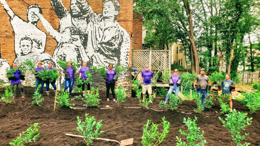 Ten smiling people of varying ages and skin tones, all clad in purple T-shirts, stand at the far side of a garden, all of them holding shrubby green plants in black pots to be planted in the dark-brown newly turned soil. Toward the near side of the garden, a shovel lies waiting to be deployed. Behind the garden is a brick building with a mural showing adults and children raising their arms, mouths open in song or chant.