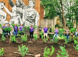 Ten smiling people of varying ages and skin tones, all clad in purple T-shirts, stand at the far side of a garden, all of them holding shrubby green plants in black pots to be planted in the dark-brown newly turned soil. Toward the near side of the garden, a shovel lies waiting to be deployed. Behind the garden is a brick building with a mural showing adults and children raising their arms, mouths open in song or chant.