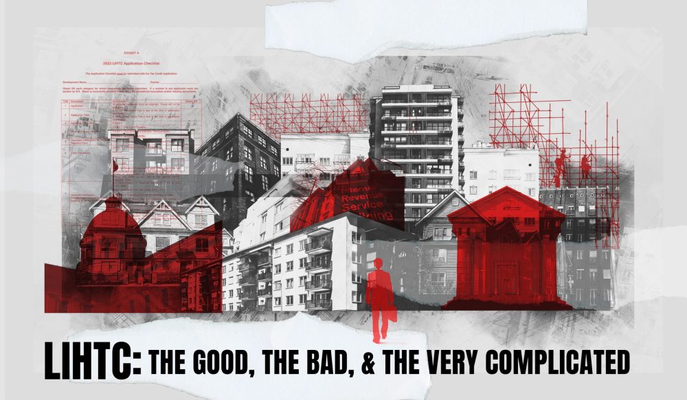 A graphic showing buildings, some shaded in red, to illustrate Shelterforce's new Under the Lens series, LIHTC: The Good, the Bad, and the Very Complicated