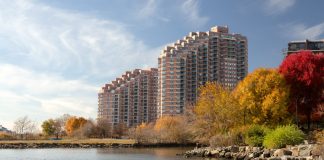The Portside Towers apartments is on the waterfront in Jersey City.