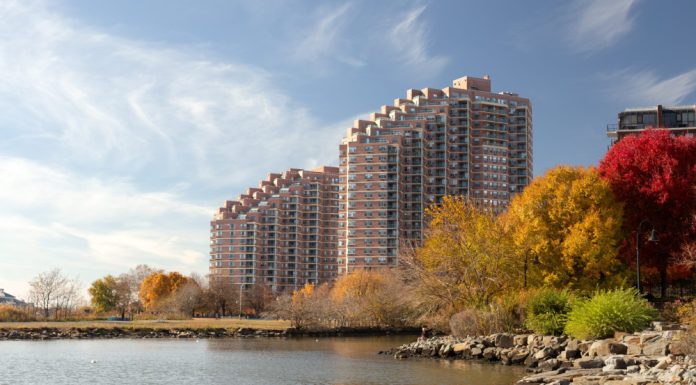 The Portside Towers apartments is on the waterfront in Jersey City.