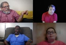 A composite of four people who are speaking. At top left, a person with a beard and red top, at top right, a person with a red shirt sits in front of a black background; bottom left, a man with a blue shirt sits on a recliner, and at bottom right, a woman with glasses.