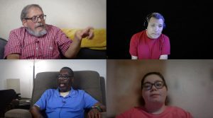 A composite of four people who are speaking. At top left, a person with a beard and red top, at top right, a person with a red shirt sits in front of a black background; bottom left, a man with a blue shirt sits on a recliner, and at bottom right, a woman with glasses.