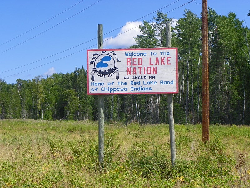 Roadside sign in red and blue print on white background reads "Welcome to the/Red Lake Nation/NW Angle MN/Home of the Red Lake Band/of Chippewa Indians. The sign is hung on two wooden stanchions set into the grassy roadside. Behind it in the distance is a thick stand of tall straight trees, possibly poplars. Behind the trees in the sky is a puffy cloud, in a sky of blue.