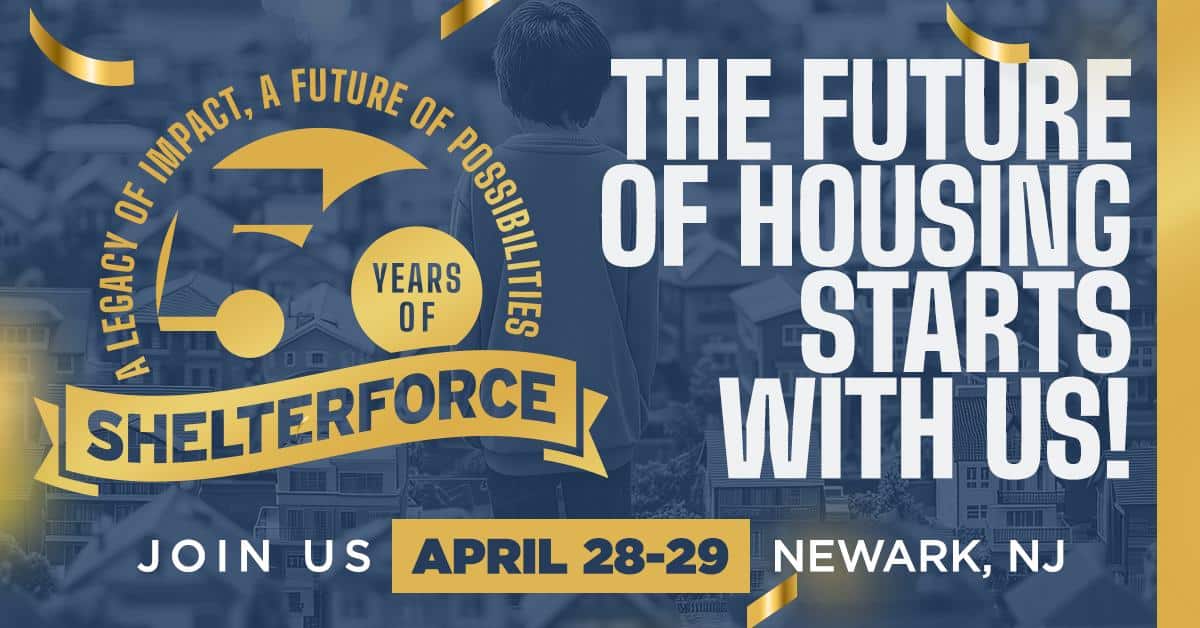 An ad for Shelterforce's 50th anniversary. "The Future of Housing Starts with uU!" appears in a white, bold font on the right. On the left it says "50 years of Shelterforce" is gold. At the bottom, it says "Join us, April 28-29, Newark, NJ" In the background is a light blue screen over an image of a child surrounded by houses.