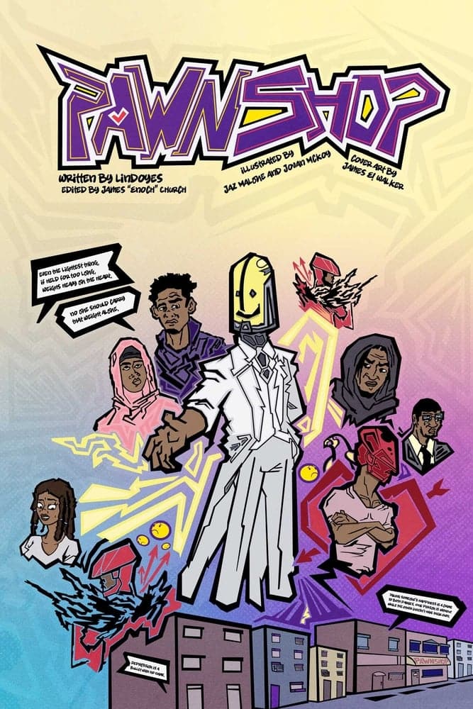 The cover of a graphic book. Against an ombre background, yellow to blue-purple, the title Pawnshop is rendered in bright purple stylized print. Several characters appear to float above a row of two-story urban buildings.