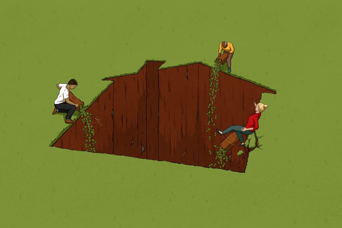Illustration showing a deep house-shaped hole in the ground (peaked roof, chimney), surrounded by green lawn. Three people are at the edge of the hole. Two are men (of different ages, with different skin tones) who are emptying sacks of green currency into the pit. A woman with yellow hair has just begun to fall into the hole as the edge she was standing on has crumbled. Her sack of currency is also falling into the hole.