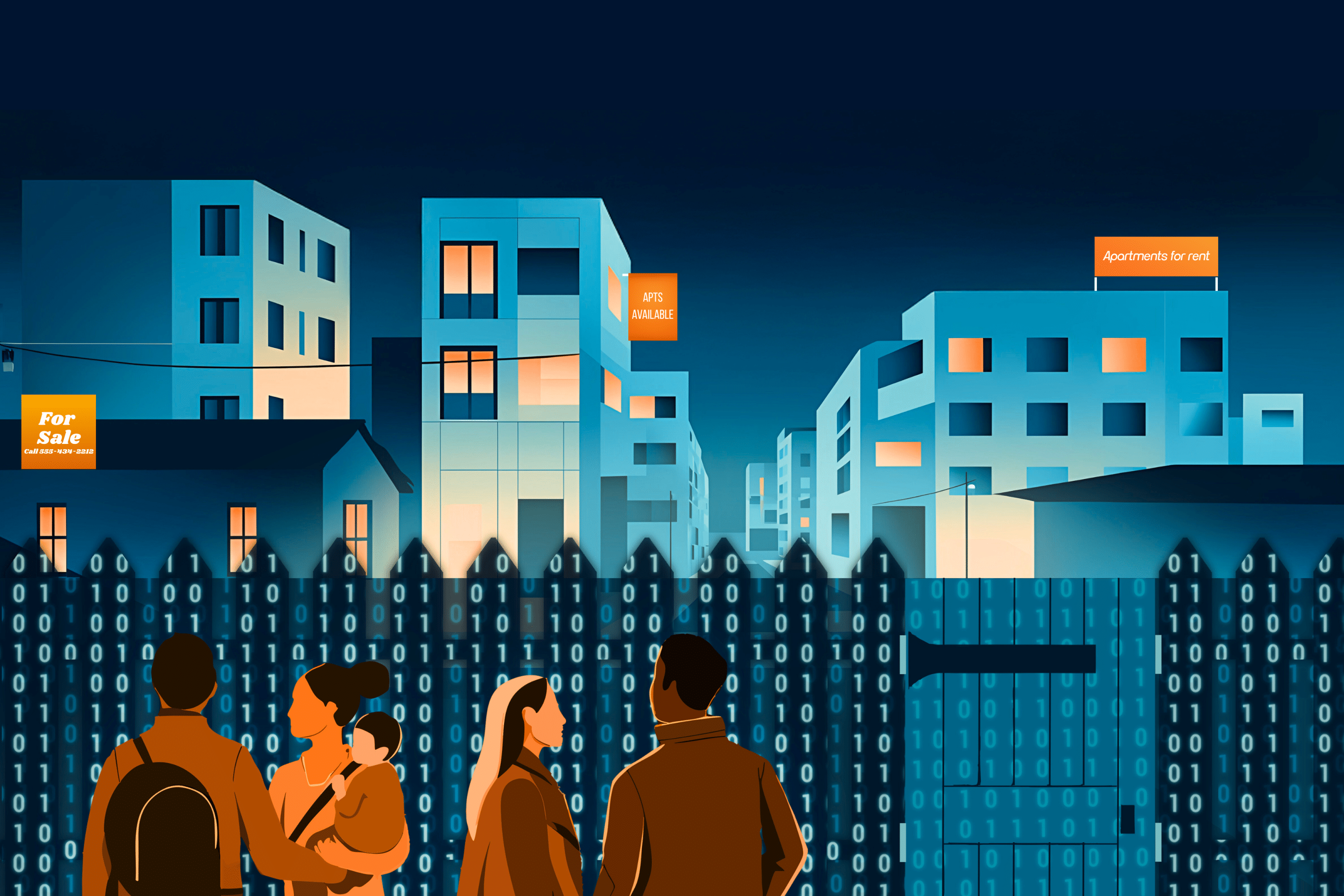 An illustration of five people standing in front of a digitized fence. They are all facing a digital fence that is blocking their path to blue high rise homes. Some of the homes have have lights on inside and "Apt. Available" signs in orange. There is a closed fence door.