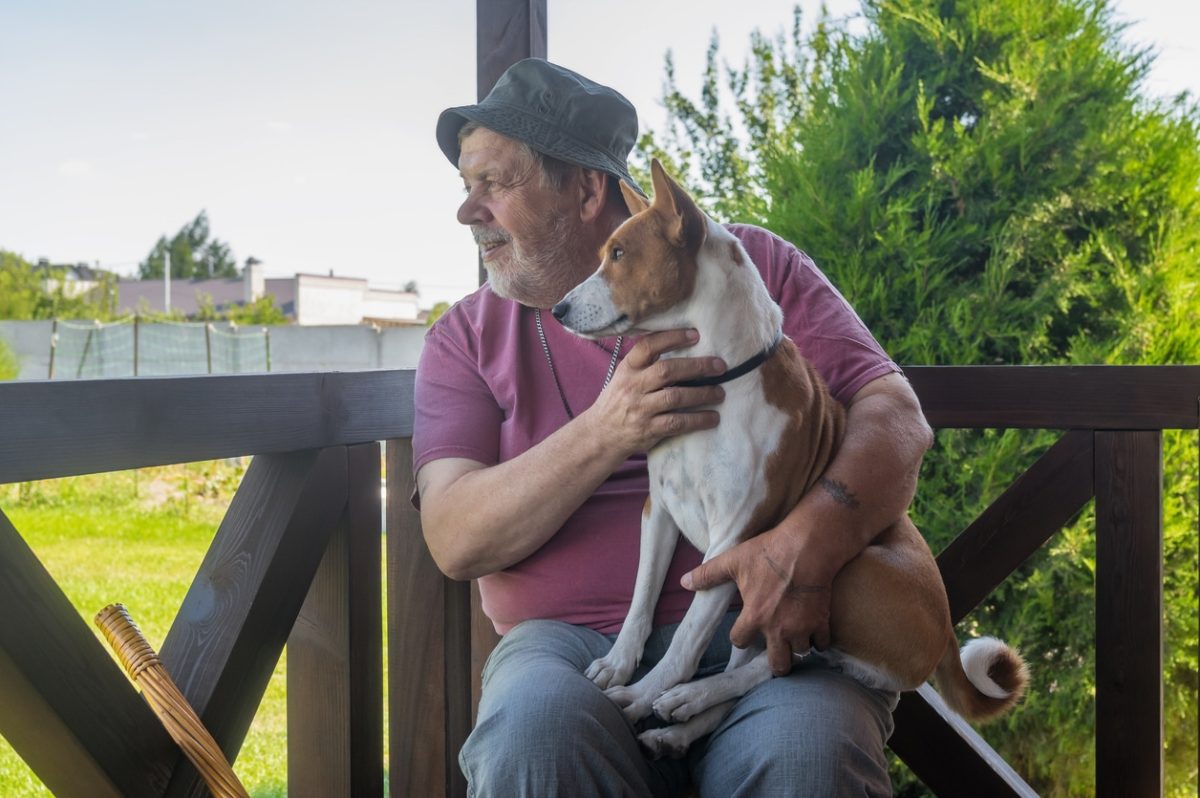 A white-whiskered white man in a blue bucket hat, pinkish-red T-shirt, and dungarees sits on a porch holding a brown-and-white dog. They are both looking off to the left at something out of frame. Behind them to the right is an evergreen, possibly juniper, tree, and way off to the left, a wire fence and some nondescript buildings.