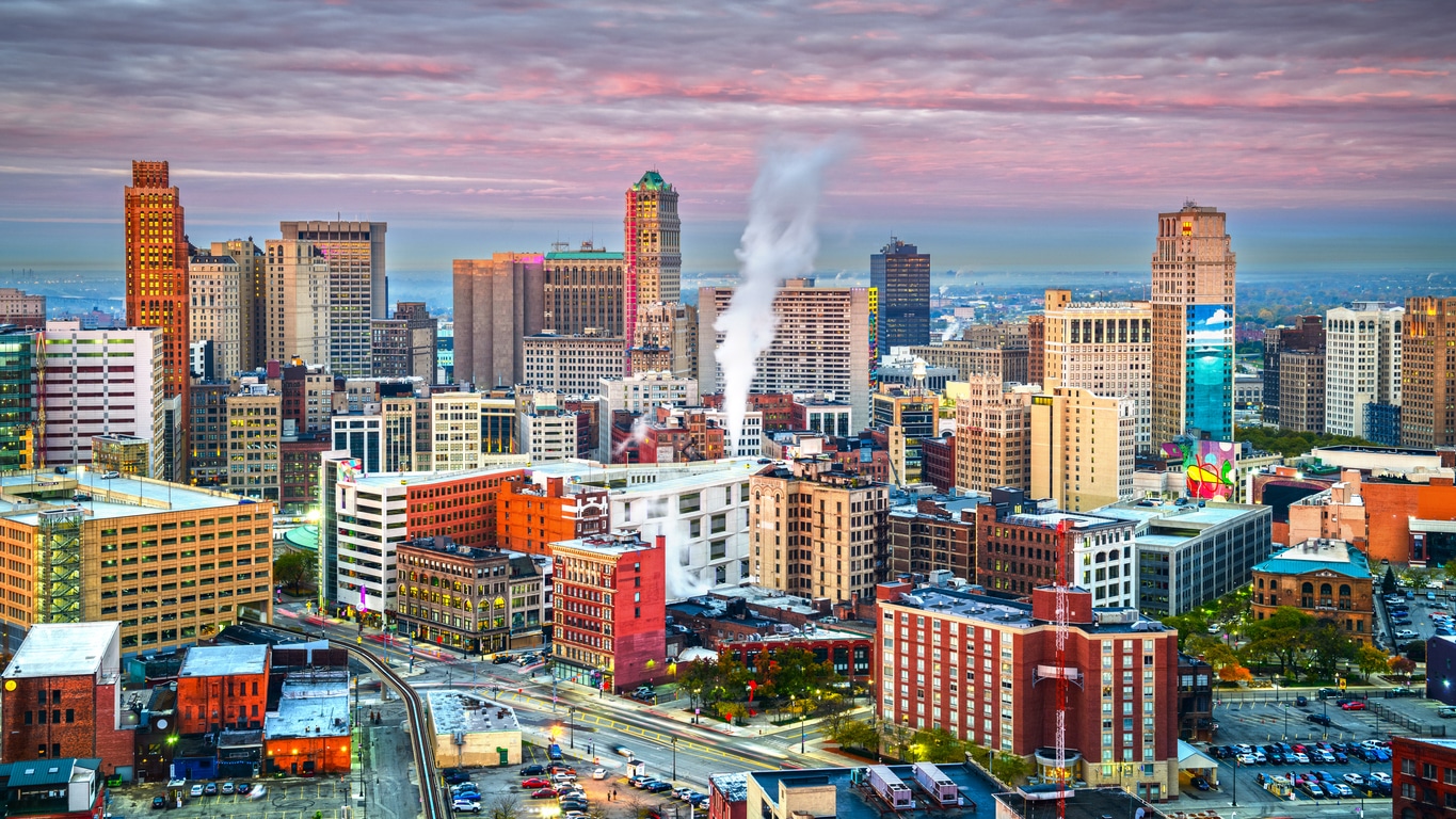 Detroit, Michigan, USA downtown skyline from above at dawn.