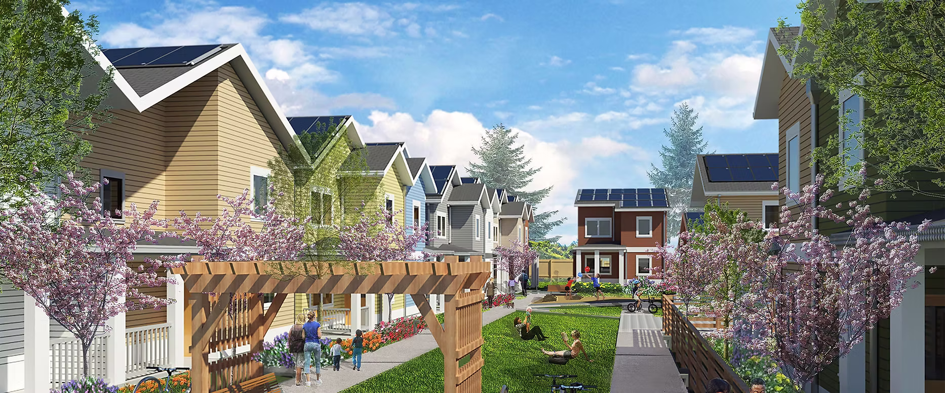 Realistic-looking rendering of a development with two rows of two-story, pitched-roof houses, seen from one end. On the parts of roofs that are visible can be seen solar panels. At the far end of the row is another such house, facing the viewer. There are trees and flowers in front of the houses and along the walkways. People are shown walking, riding bikes, and sitting in the grass .