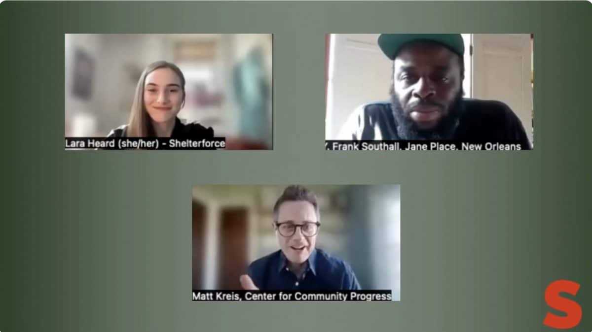 Three video screens appear, with a white woman in one screen on the top left, and a black man in a screen at the top right. Below is a video of a white man wearing glasses.