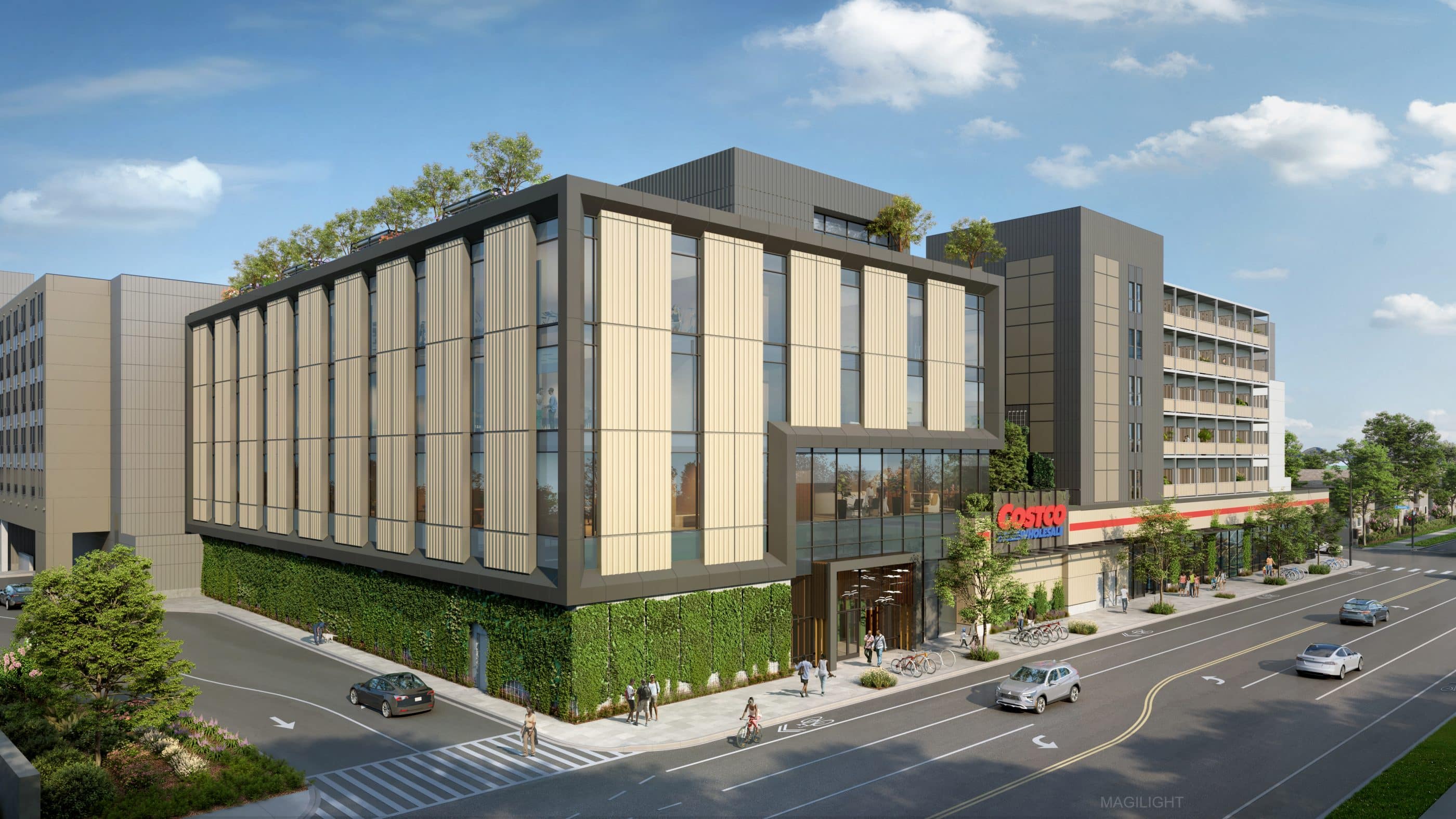 A rendering of a large apartment building with a Costco retail store on the ground floor. The building is surrounded by trees, and people can be seen walking on a sidewalk in front of the building. The building overlooks a a busy street with multiple lanes of traffic moving in both directions.