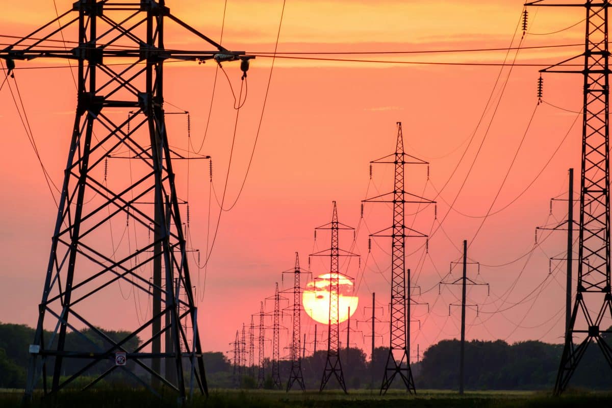 Power lines against a bright pink-and-orange sunset, surrounded by trees.