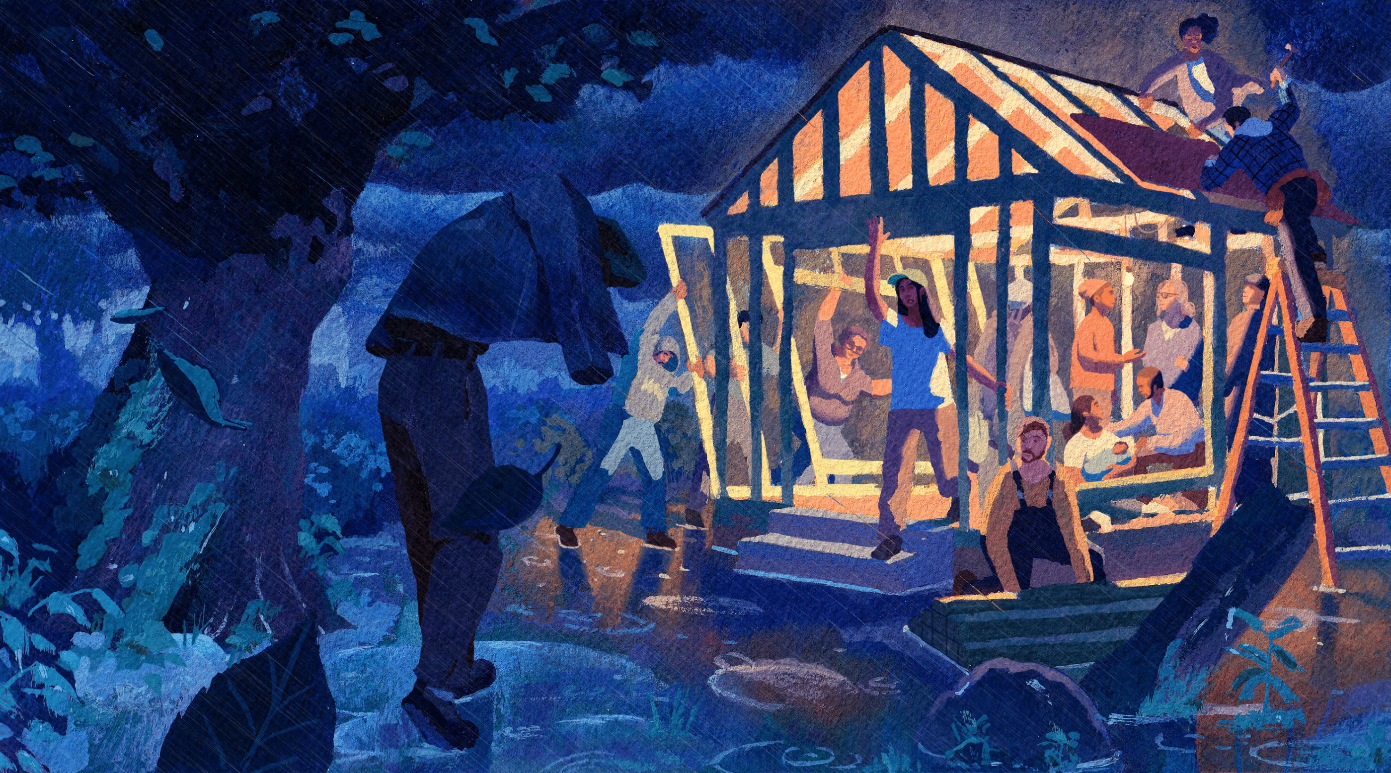 A painting, mostly in shades of blue, showing a group of people of all ages, genders, and races, building a shelter together in a wooded area. The sky is stormy and dark, and it is raining out, but light shines down on the shelter being built, illuminating the people around and inside of it. A figure covering their head with a blue denim jacket approaches in the foreground. A figure stepping out of the shelter waves to them in greeting.
