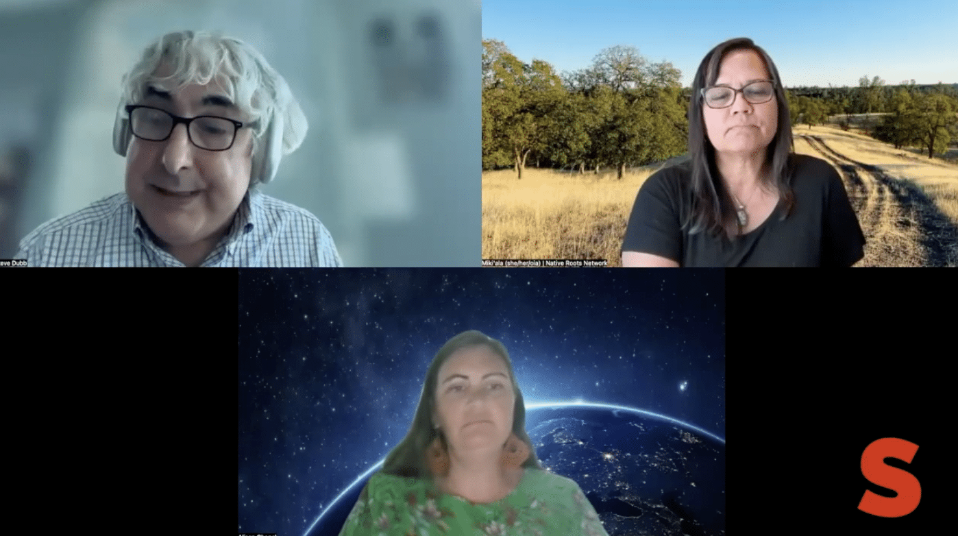 A webinar screenshot of three people. In the top-left corner is a white man with gray hair and dark eyebrows; he is wearing headphones, glasses, and a checkered shirt, and his background is blurred. In the top-right corner is a Hawaiian woman with dark hair; she is wearing glasses and a black t-shirt, and she is set against a screensaver of a tree-lined field. On the bottom is a white woman with brown hair; she is wearing a green floral top and large earrings, and she is set against a screensaver background of the earth viewed from space.