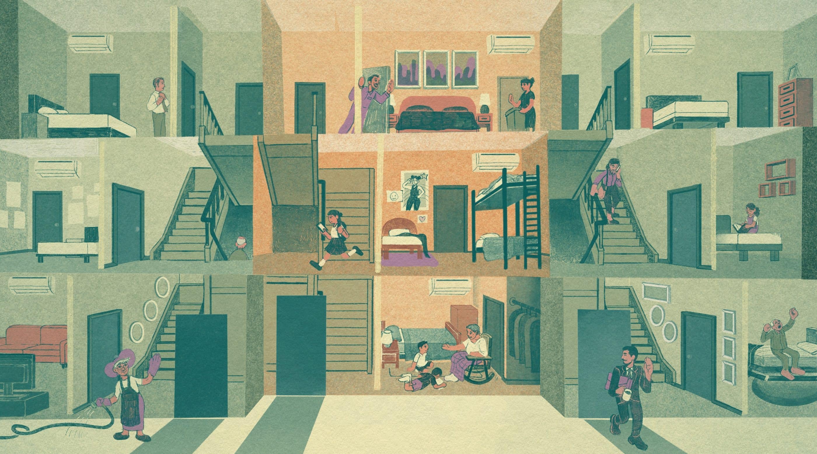 An illustrated doll's eye view of an apartment building showing people of all ages, including older adults, doing different activities: spending time with family, heading out for work, walking down the stairs, watering plants.