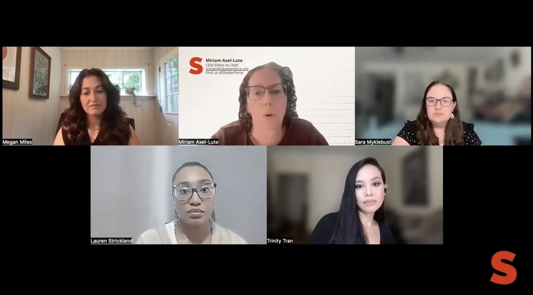 A screenshot of a Shelterforce webinar showing five women. Three participants are shown on the top: Megan Miles, Miriam Axel-Lute, and Sara Myklebust from left to right. On the bottom, from left to right, are Lauren Strickland and Trinity Tran.